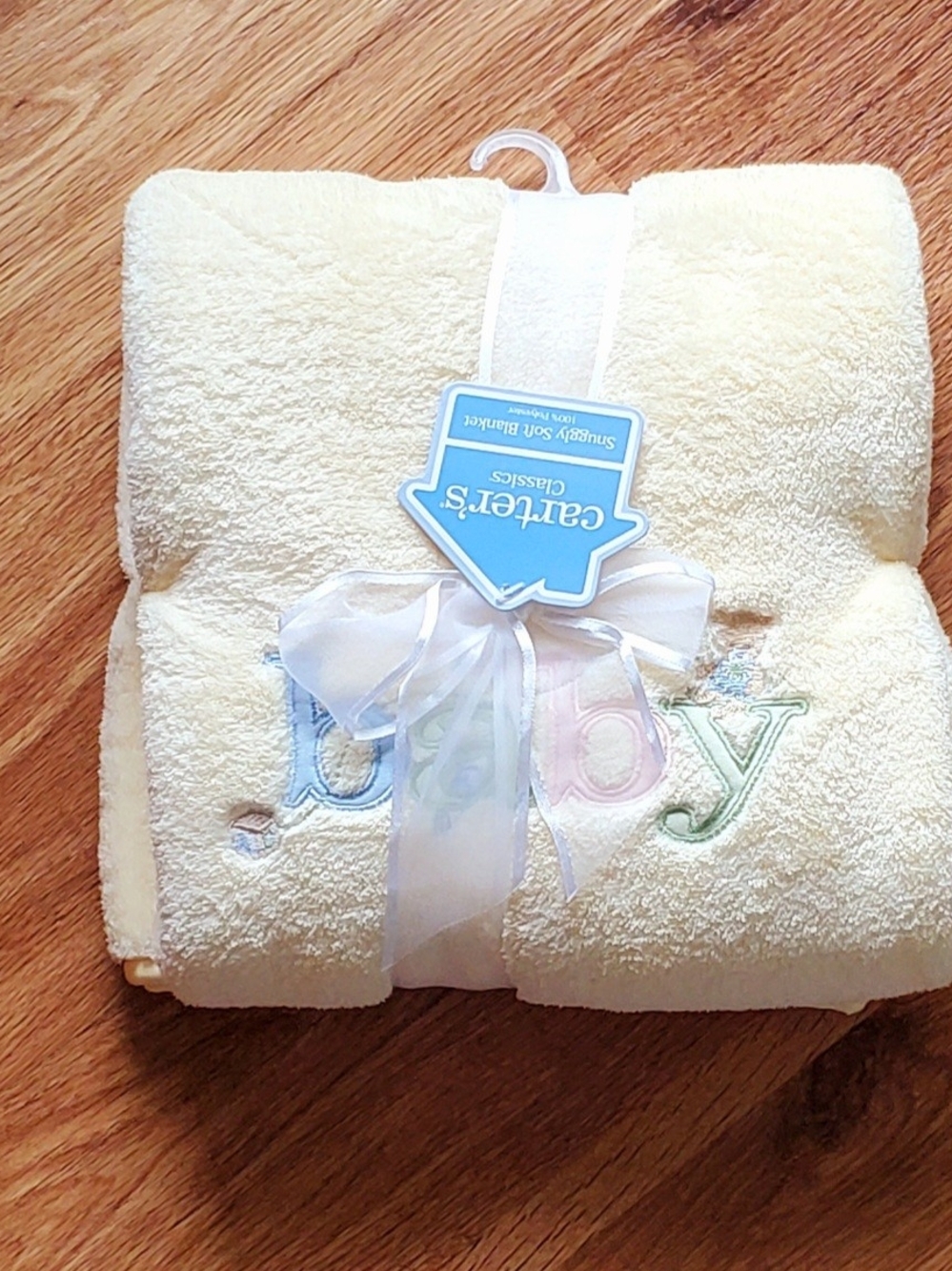 NWT Carter's Light Yellow Plush Baby Blanket with Pastel 'baby' Embroidery